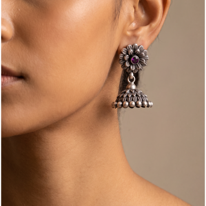 Full Bloom — Floral Jhumka in Oxidised Silver