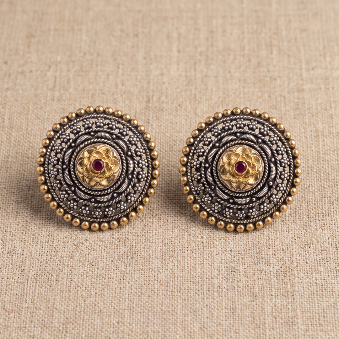 Lotus in the Room — Chakra Stud Earrings in Dual Tone Silver