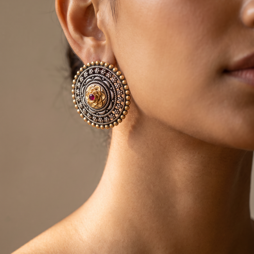Lotus in the Room — Chakra Stud Earrings in Dual Tone Silver