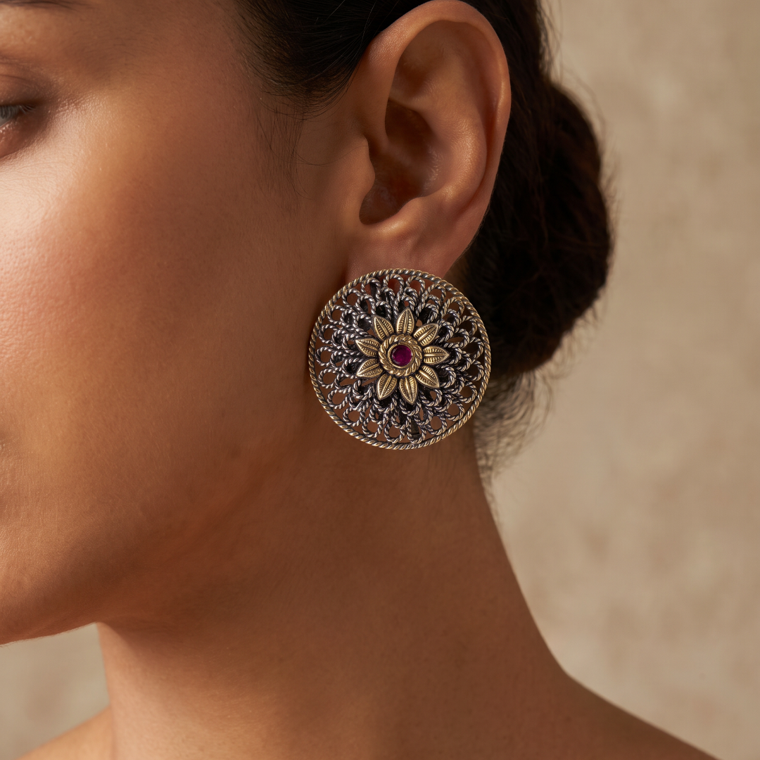 Full Coverage — Filigree Round Stud Earrings in Dual Tone Silver