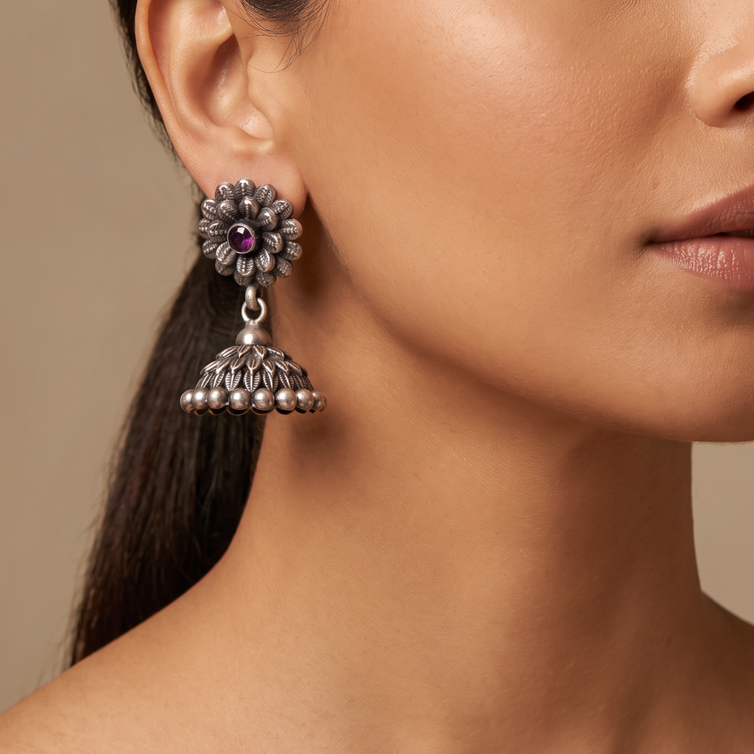 Full Bloom — Floral Jhumka in Oxidised Silver