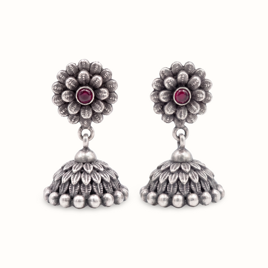 Full Bloom — Floral Jhumka in Oxidised Silver