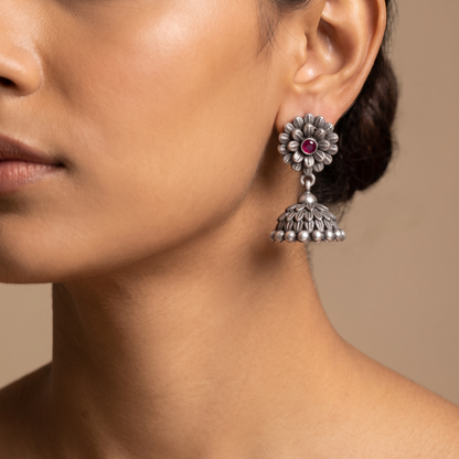 Full Bloom — Floral Jhumka in Oxidised Silver