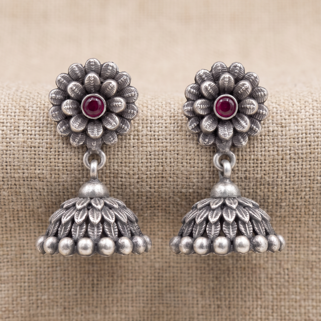 Full Bloom — Floral Jhumka in Oxidised Silver