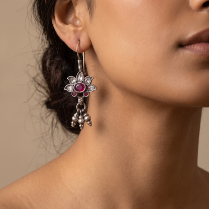Petal Push — Kundan Flower Drop Earrings in Oxidised Silver
