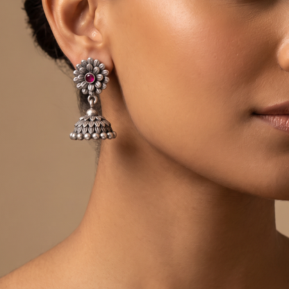 Full Bloom — Floral Jhumka in Oxidised Silver