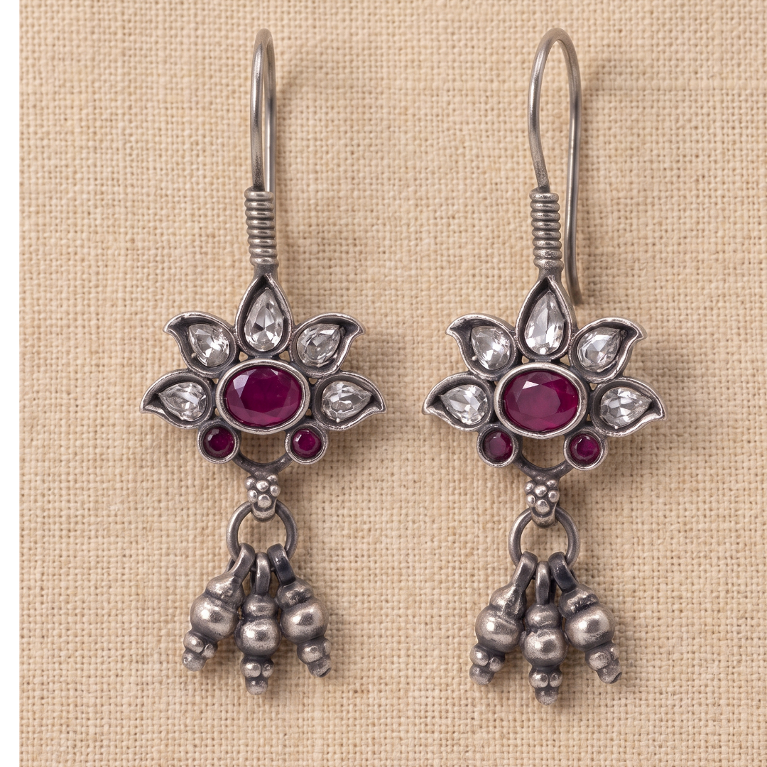 Petal Push — Kundan Flower Drop Earrings in Oxidised Silver
