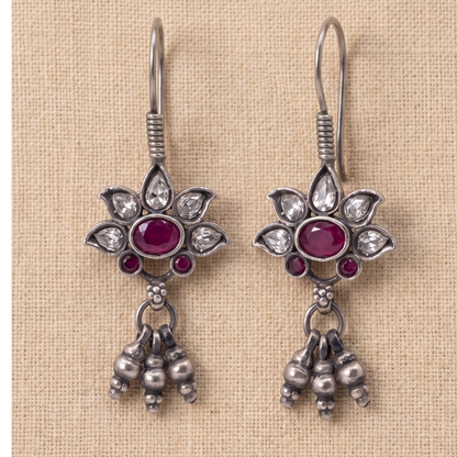 Petal Push — Kundan Flower Drop Earrings in Oxidised Silver