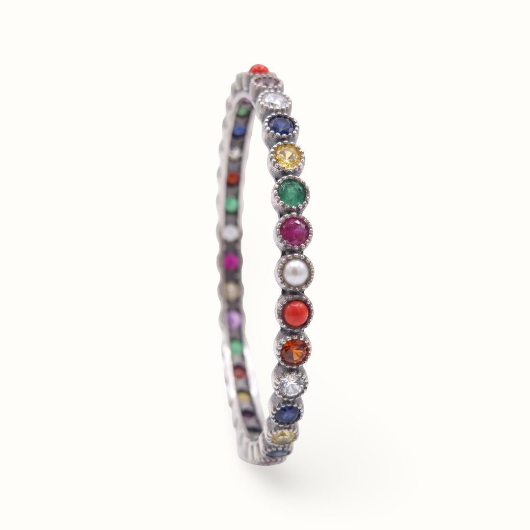 Nine of Everything — Navratna Bangle in Oxidised Silver