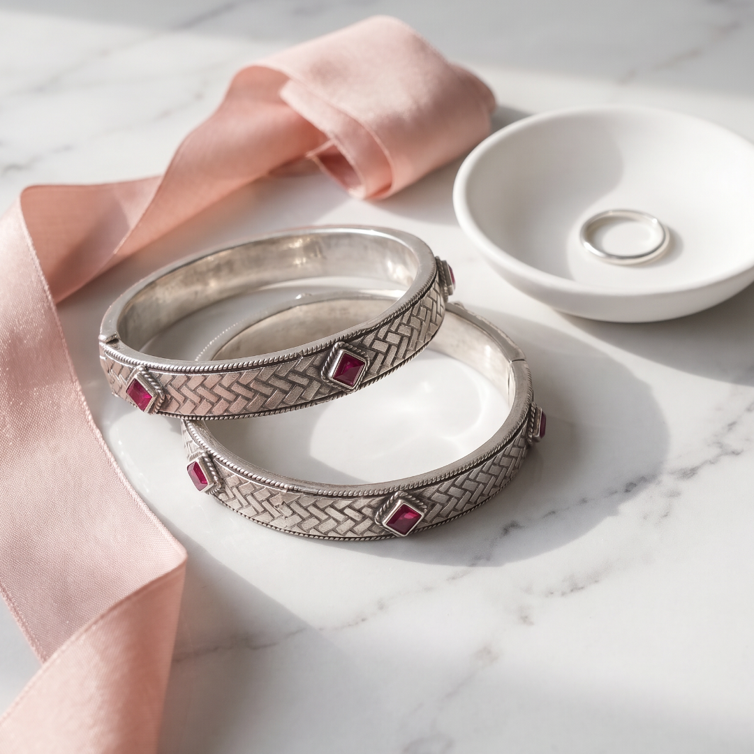 Woven & Won — Ruby Mosaic Kada in Oxidised Silver