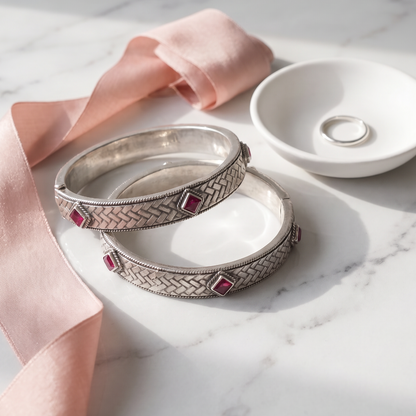 Woven & Won — Ruby Mosaic Kada in Oxidised Silver