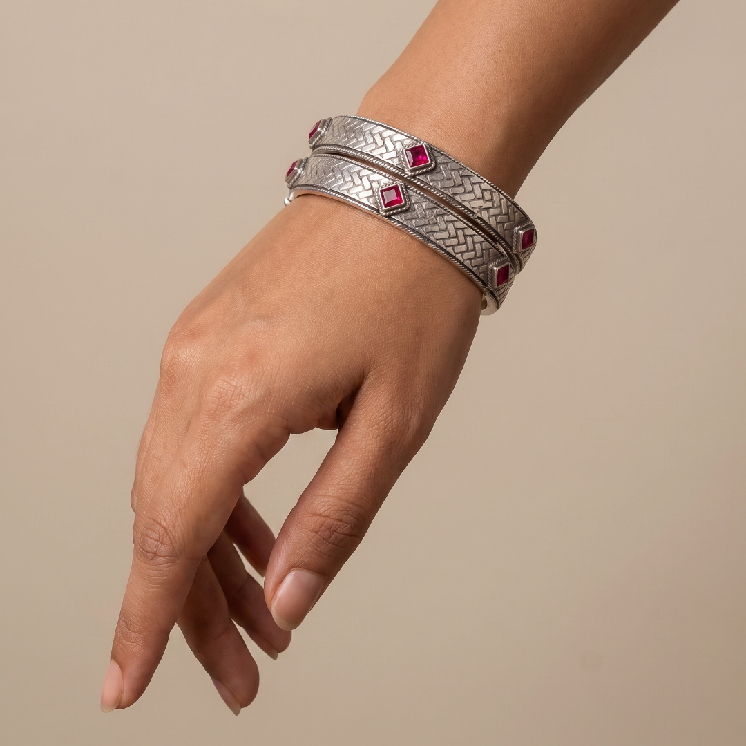 Woven & Won — Ruby Mosaic Kada in Oxidised Silver