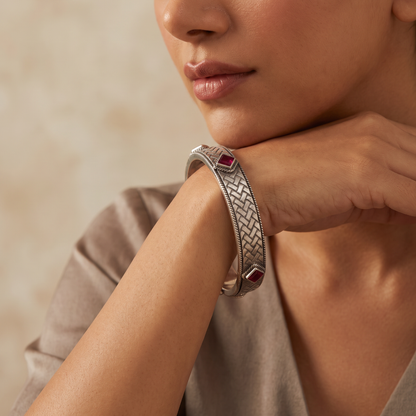 Woven & Won — Ruby Mosaic Kada in Oxidised Silver