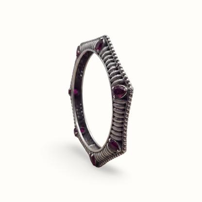 Six Sides of Stunning — Hexagonal Ruby Bangle in Oxidised Silver