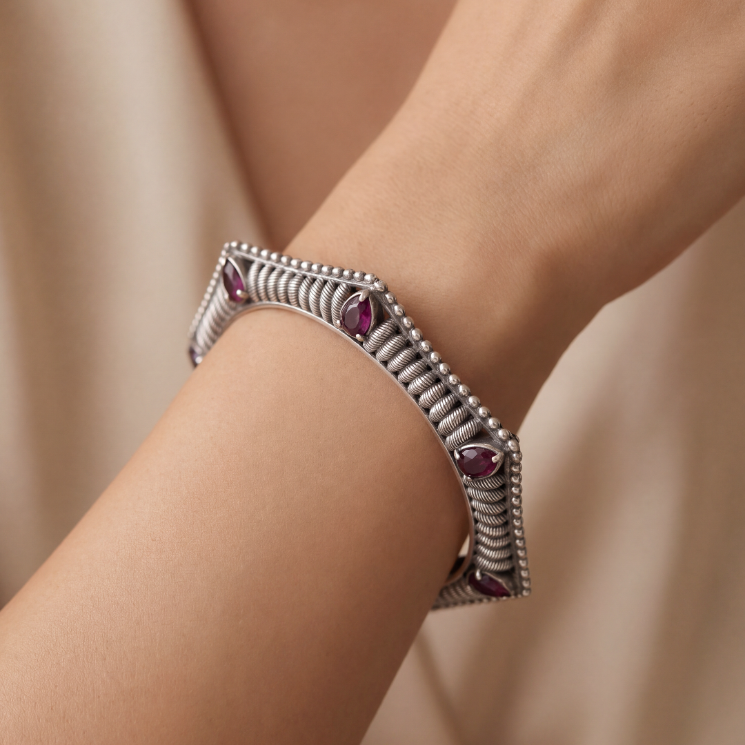 Six Sides of Stunning — Hexagonal Ruby Bangle in Oxidised Silver