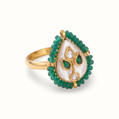 Garden Party — Kundan Mother of Pearl Ring in Gold-Finish Silver