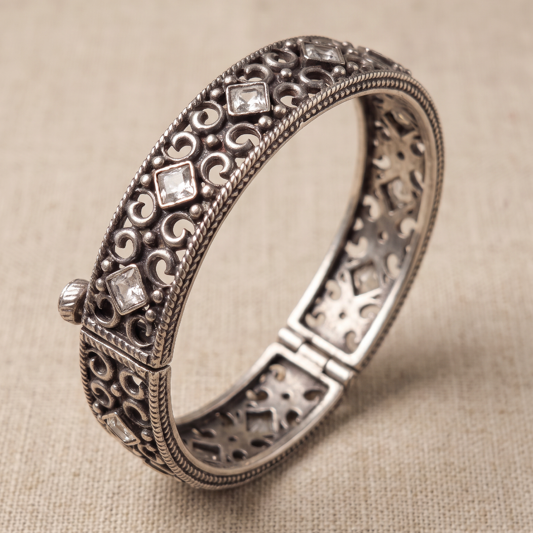 Wide Awake — Jali Kundan Kada in Oxidised Silver