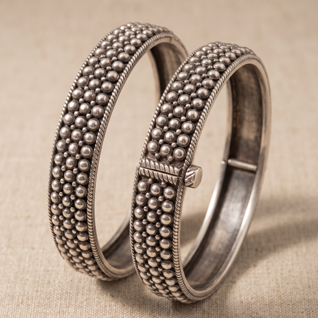 Bubble Wrap — Beaded Kada in Oxidised Silver