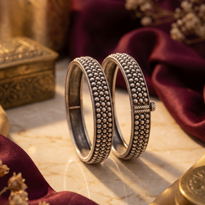 Bubble Wrap — Beaded Kada in Oxidised Silver