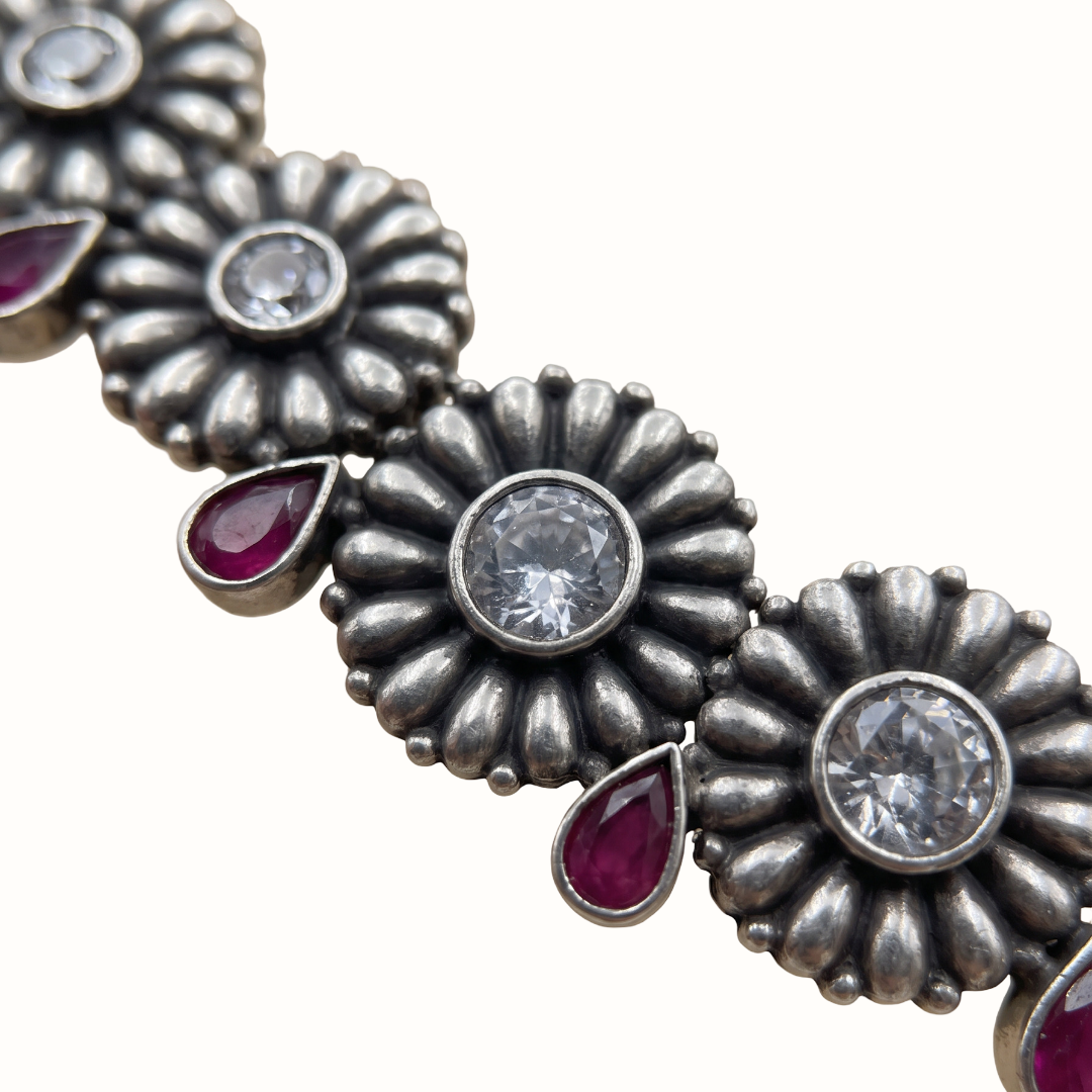 Full Bloom — Floral Kundan Necklace Set in Oxidised Silver