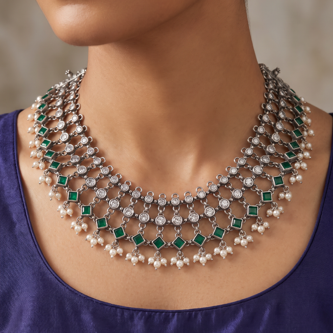 Net Worth — Jali Choker with Emerald & Pearl in Oxidised Silver
