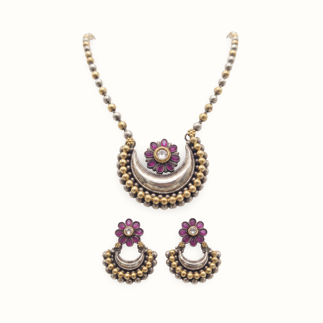 Chand Mubarak — Chandbali Pendant necklace Haar in Dual Tone Silver