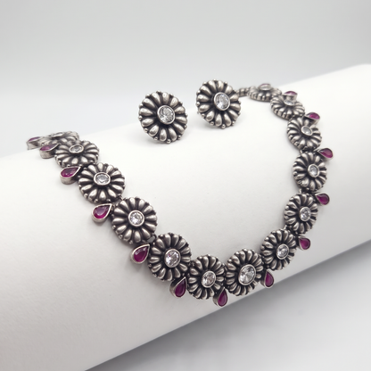Full Bloom — Floral Kundan Necklace Set in Oxidised Silver