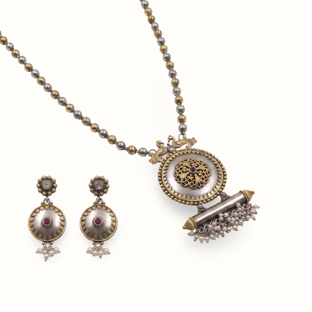 Quite the Statement — Dholak Locket Pendant Necklace in Dual Tone Silver