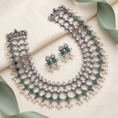 Net Worth — Jali Choker with Emerald & Pearl in Oxidised Silver