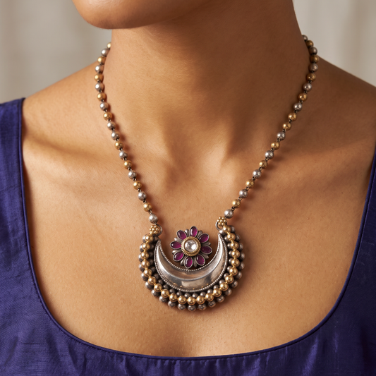 Chand Mubarak — Chandbali Pendant necklace Haar in Dual Tone Silver