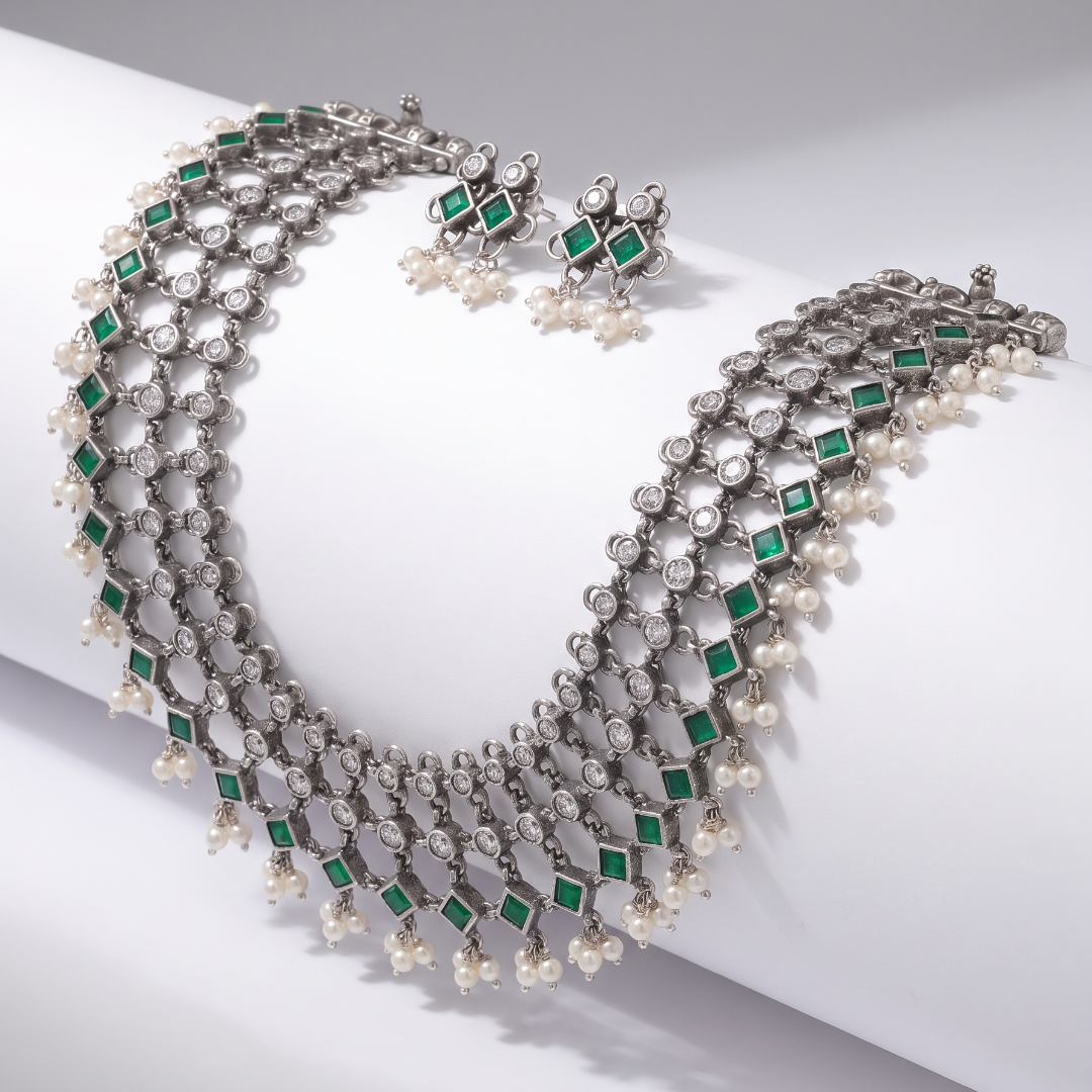 Net Worth — Jali Choker with Emerald & Pearl in Oxidised Silver