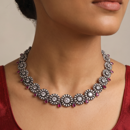 Full Bloom — Floral Kundan Necklace Set in Oxidised Silver