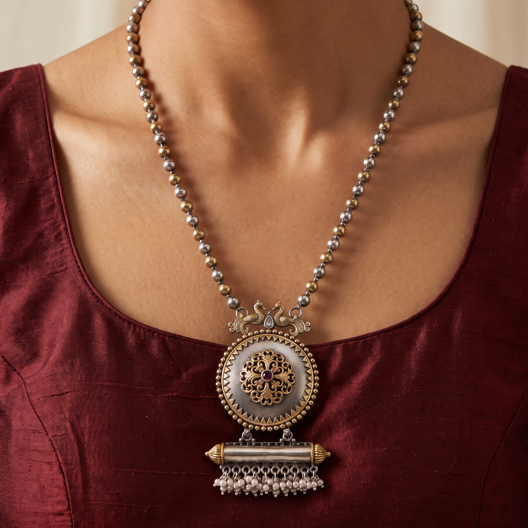Quite the Statement — Dholak Locket Pendant Necklace in Dual Tone Silver