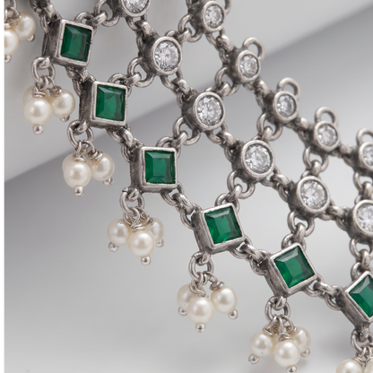 Net Worth — Jali Choker with Emerald & Pearl in Oxidised Silver