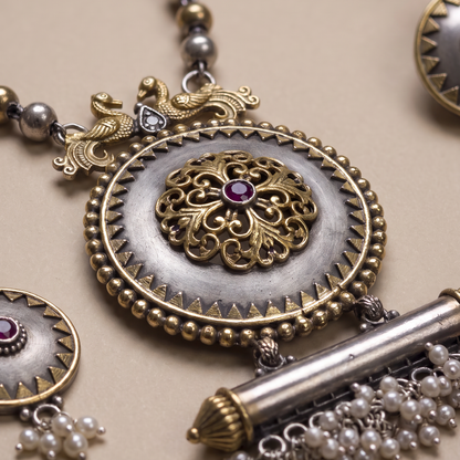 Quite the Statement — Dholak Locket Pendant Necklace in Dual Tone Silver