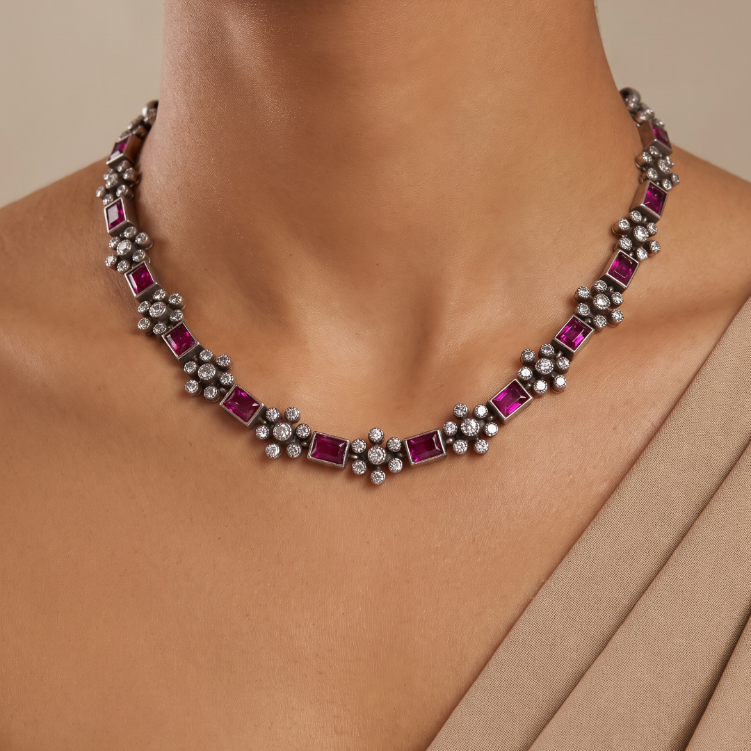 Ruby Row — Baguette & CZ Floral Necklace Set in Oxidised Silver