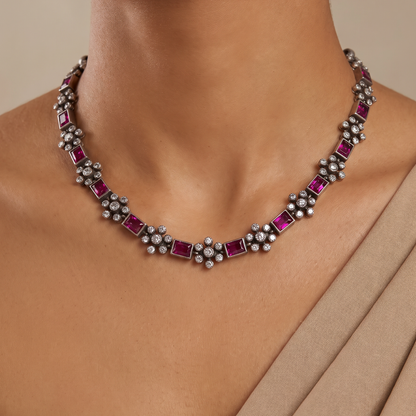Ruby Row — Baguette & CZ Floral Necklace Set in Oxidised Silver
