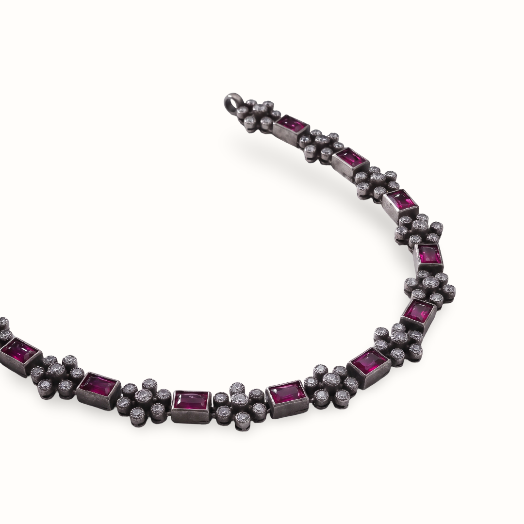 Ruby Row — Baguette & CZ Floral Necklace Set in Oxidised Silver