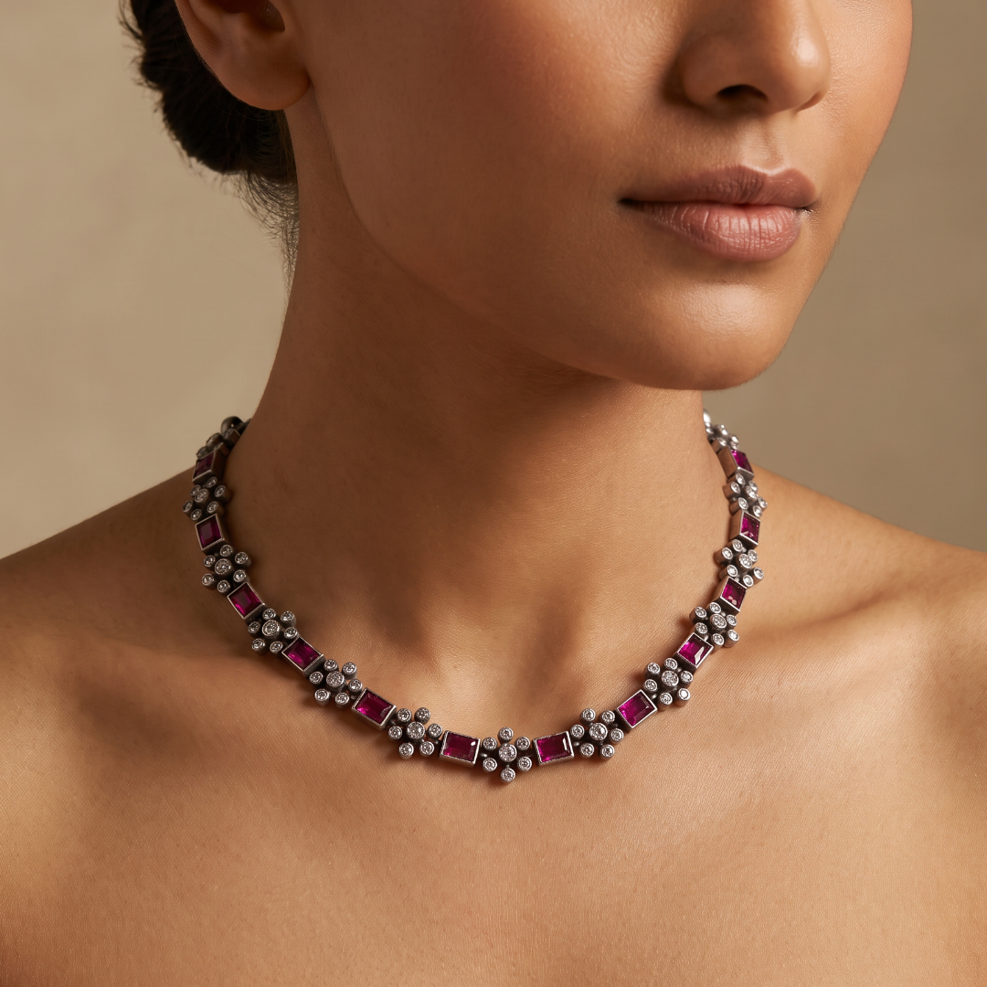 Ruby Row — Baguette & CZ Floral Necklace Set in Oxidised Silver