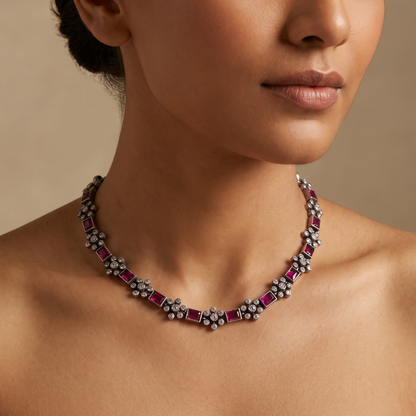 Ruby Row — Baguette & CZ Floral Necklace Set in Oxidised Silver