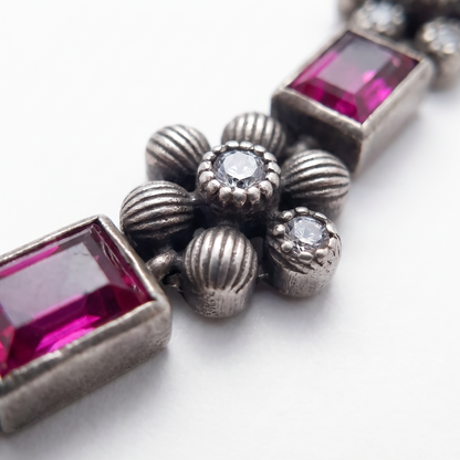Ruby Row — Baguette & CZ Floral Necklace Set in Oxidised Silver