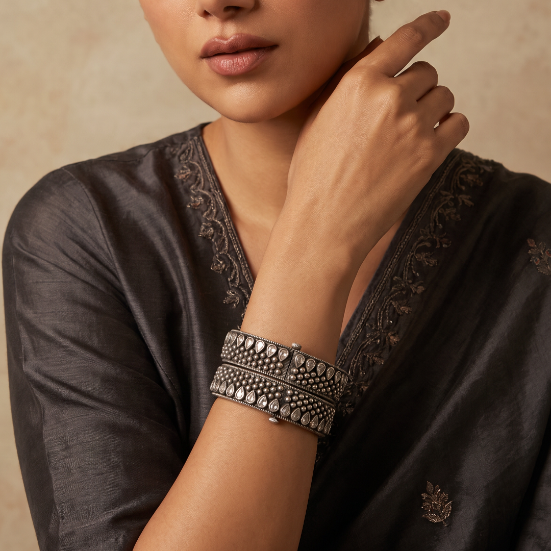 Stack Season — Kundan Bead Kada in Oxidised Silver