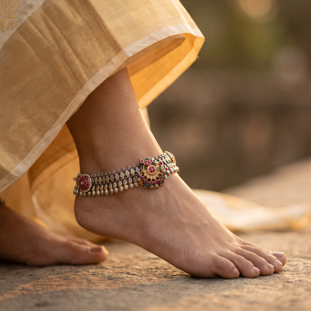 Ankle Goals — Kundan Pacheli Payal in Dual Tone Silver