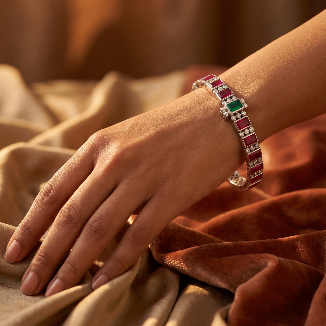 Row on Row — Ruby & Emerald Kundan Kada in Oxidised Silver