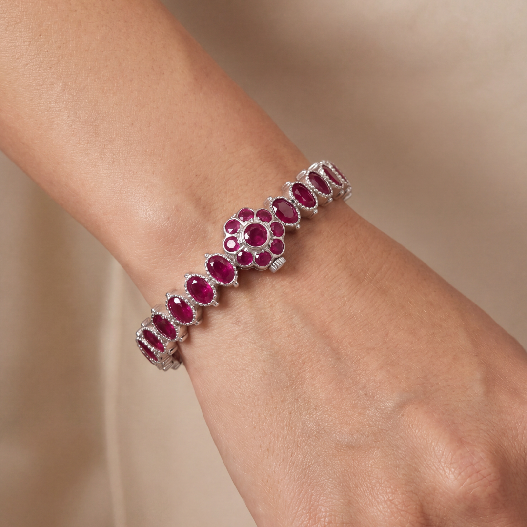Ruby Tuesday — Oval Ruby Floral Bangle in Oxidised Silver
