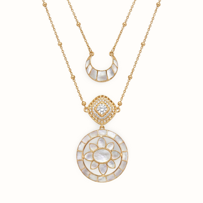 Full Moon Moment — Lotus Mandala & Crescent Layered Necklace in Gold Plated Silver