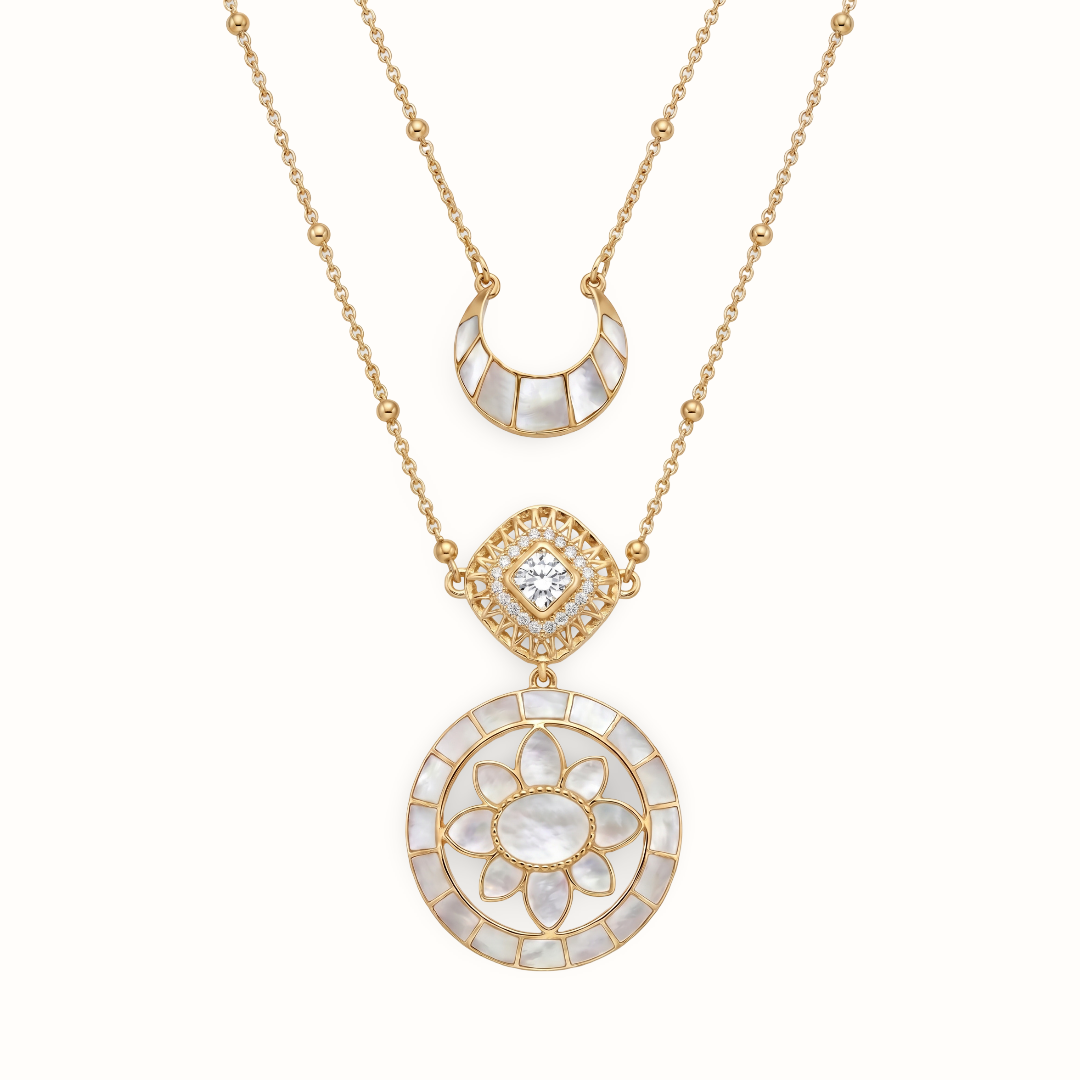 Full Moon Moment — Lotus Mandala & Crescent Layered Necklace in Gold Plated Silver
