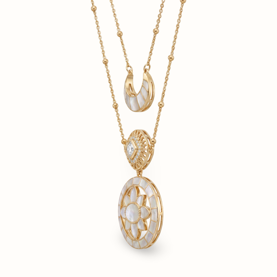 Full Moon Moment — Lotus Mandala & Crescent Layered Necklace in Gold Plated Silver