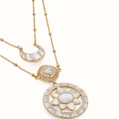 Full Moon Moment — Lotus Mandala & Crescent Layered Necklace in Gold Plated Silver