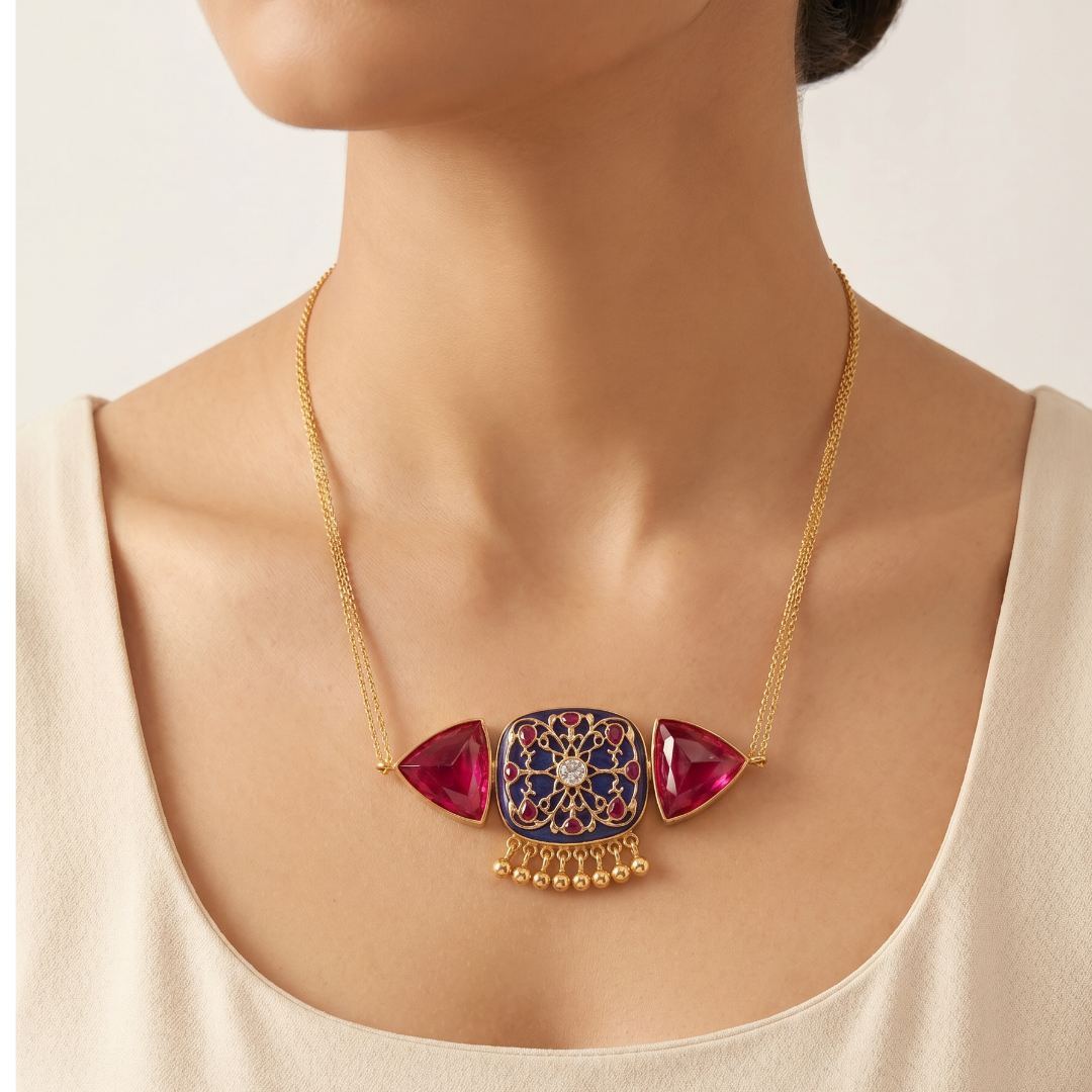 Purple Reign — Filigree & Triangle Stone Pendant Necklace in Gold Plated Silver
